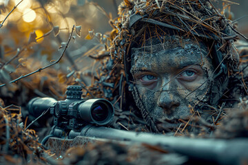 Camouflaged Sniper Taking a Shot in a Forest: Tactical Precision in Wilderness Warfare.