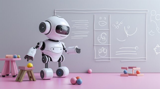 Small white robot teaching in a colorful classroom, highlighting educational technology and futuristic learning themes.