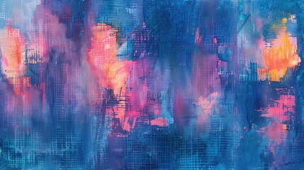 Blue Neon Ikat Print on Dyed Background Abstract Watercolor Art with Grungy Elements