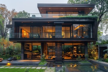 Modern industrial house exterior with exposed concrete, metal cladding, and expansive windows featuring minimalist landscaping and subtle lighting