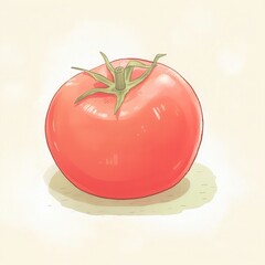 Illustration of a fresh red tomato with green stem on a light colored background, showcasing its vibrant color and natural beauty.