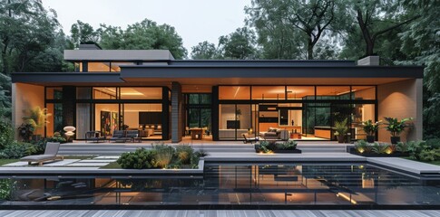 Minimalist house exterior with clean lines and neutral colors, featuring curated landscaping and subtle lighting for a serene retreat