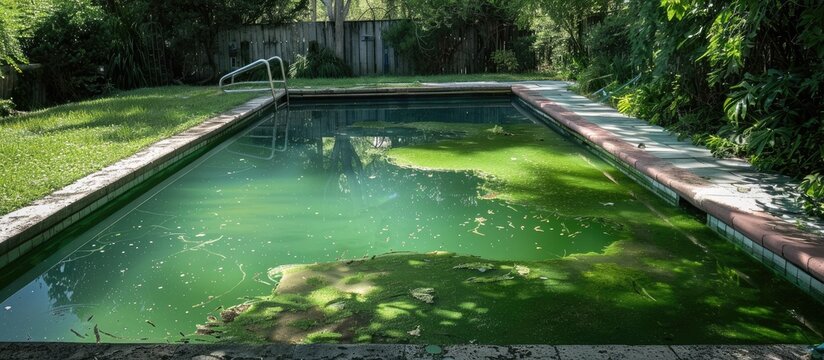 Algae-infested water in a backyard pool in the suburbs is looking grimy.