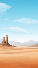 Digital illustration of a desert landscape with rock formations, mountains, and a clear blue sky on a sunny day.