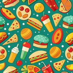 Seamless pattern of playful food items like hamburgers, hot dogs, and pizza slices, Generative AI