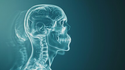 Obraz premium ing of a human skull with transparent anatomy, side view, showcasing skeletal structure against a blue background, ideal for medical imagery.