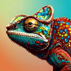 Naklejka premium colorful chameleon on gray background, vector art, digital art, faceted, minimal, abstract, panorama background. Generative AI.