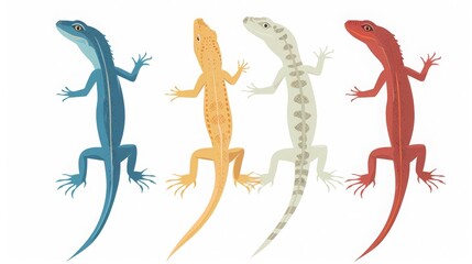 Obraz premium Colorful illustration of four different lizards in blue, orange, beige, and red against a white background.