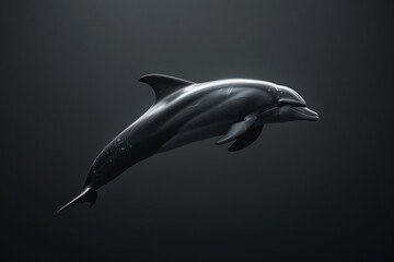Obraz premium Graceful dolphin swimming in dark waters, highlighting its sleek form and smooth movements. Captured in a minimalistic, dramatic style.
