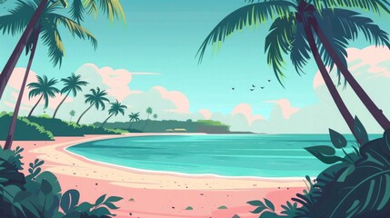 Obraz premium Scenic tropical beach illustration with palm trees and tranquil ocean view, perfect for vacation and travel themes.