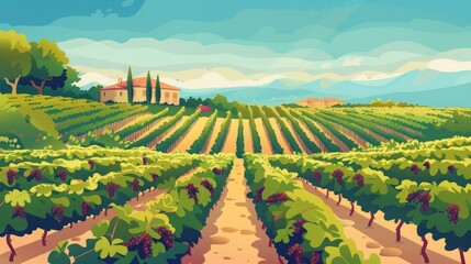 Naklejka premium Scenic vineyard landscape with rows of grapevines, a distant farmhouse, and rolling hills under a bright sky.