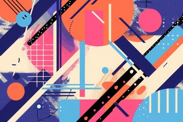 Vibrant abstract geometric pattern featuring various shapes, lines, and bold colors. Perfect for backgrounds and modern designs.