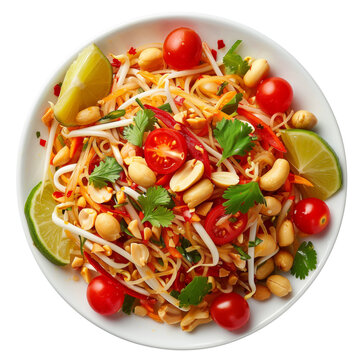 Thai papaya salad with peanuts, lime and cherry tomatoes. transparent background