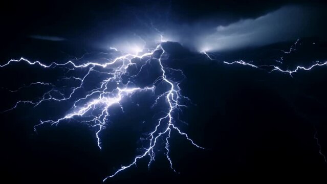 Dark background with lightning and thunder. Lightning forms the background in a realistic manner. A powerful charge causes many sparks