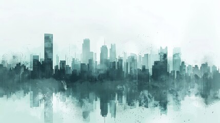 Obraz premium A modern city skyline with tall buildings reflected on water, depicted in a watercolor style, creating a serene and artistic ambiance.