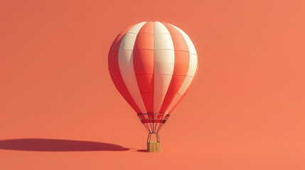 A vibrant hot air balloon with red and white stripes against a solid orange background, casting a shadow on the surface.