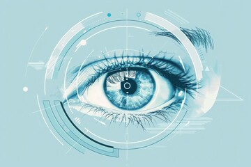 Close-up of a blue eye with a digital futuristic interface, representing technology and biometric scanning.