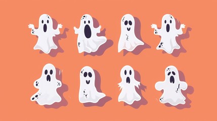 Naklejka premium Collection of eight cartoon ghosts with various expressions on an orange background, perfect for Halloween-themed designs and projects.