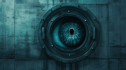 Creepy close-up of a blue mechanical eye set in a circular metallic frame on a grungy industrial background, evoking a sense of dystopian surveillance.