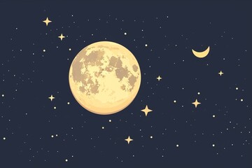 Naklejka premium Illustration of a full moon and crescent moon surrounded by stars in a clear night sky, perfect for cosmic or celestial themed designs.