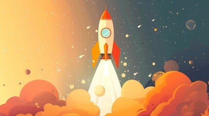 Illustration of a rocket launching into space with colorful clouds and stars. Represents exploration, adventure, and innovation.