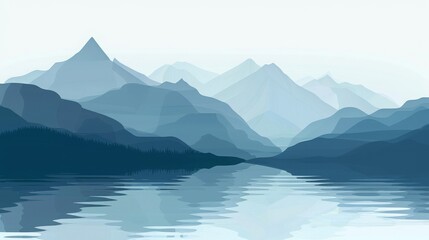Serene mountain landscape illustration with layered peaks and reflections in calm water, creating a peaceful, tranquil ambiance.