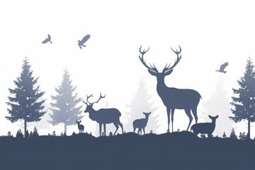 Obraz premium Silhouette deer family forest birds flying background, perfect nature wildlife enthusiasts.