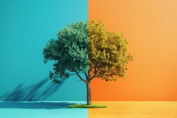 Surreal tree contrasting colors side, representing change duality visually striking conceptual art piece.