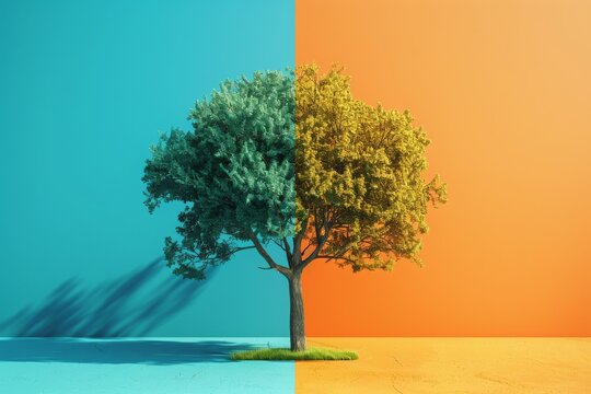 Surreal tree contrasting colors side, representing change duality visually striking conceptual art piece.