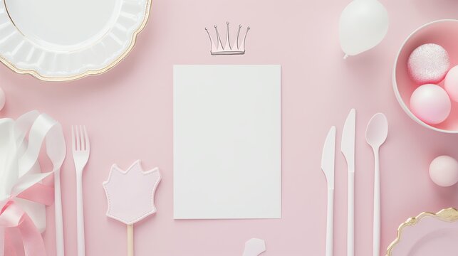 Invitation blank white paper restaurant menu with a crown on top, on a pink background with a fork and knife