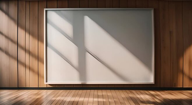 A modern office with large windows and empty poster frames
