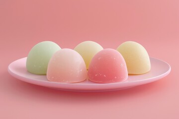 A plate of colorful, pastel-hued mochi desserts on a light pink background. Minimalistic and aesthetically pleasing arrangement.