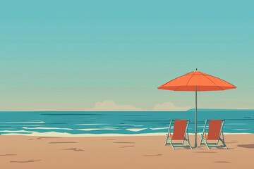 A tranquil beach scene featuring two chairs under an orange umbrella with a calm ocean in the background, perfect for a relaxing getaway.