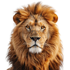 Fototapeta premium A lion with a long mane and a yellowish-orange face. The lion is looking directly at the camera
