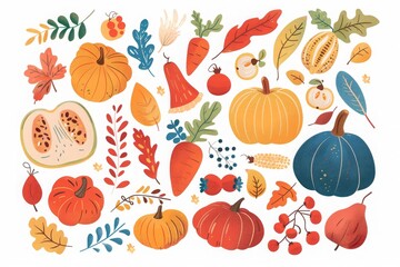 Colorful autumn harvest illustration featuring various pumpkins, leaves, and vegetables perfect for seasonal design projects and decor.