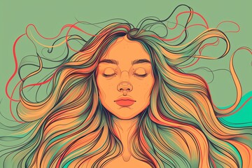Colorful digital illustration of a serene woman's face with flowing, wavy hair on a green background, symbolizing peace and relaxation.