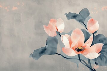 Elegant watercolor soft pink magnolia flowers against textured gray background, perfect home decor greeting cards.