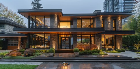 Obraz premium Timeless elegance of a minimalist house exterior design: Clean lines, minimalist details, and neutral hues for harmonious sophistication