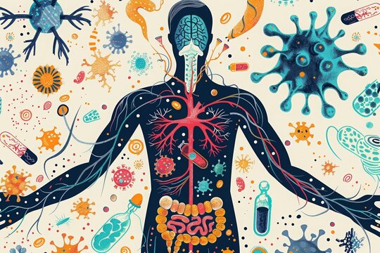 Human body's microbiome and nervous system illustration. Diversity of gut flora and pathogens with neural network connectivity.