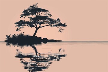 Serene silhouette of a lone tree reflected in calm waters, casting a peaceful ambiance against a pastel sunset backdrop.