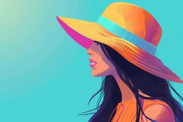 Vibrant digital woman wide-brimmed hat against bright blue background, highlighting summer fashion style.