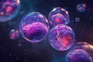 Naklejka premium Vibrant representation of glowing cells with intricate internal structures in a cosmic background, showcasing biological and technological themes.