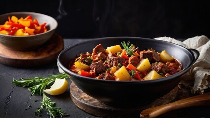 Simplistic Harmony, Chili and Potatoes Saut?ed with Herbs in a Black Skillet