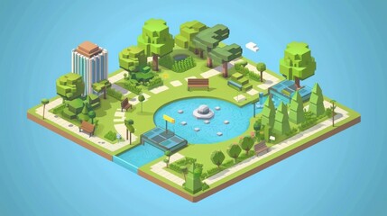 isometric park illustration featuring trees, pond, walkways, and building in a vibrant green setting.