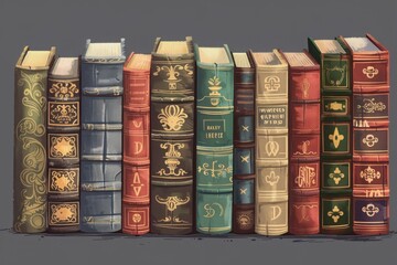 A row of vintage books with ornate spines showcasing intricate designs and titles, perfect for literature and antique decor enthusiasts.
