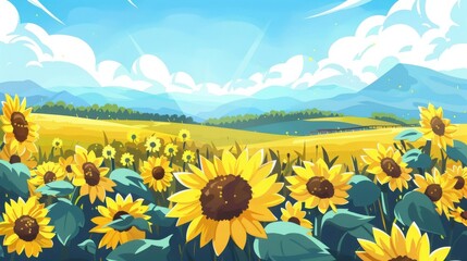 Obraz premium A vibrant sunflower field under a clear blue sky with mountains in the background, capturing the beauty of nature on a sunny day.