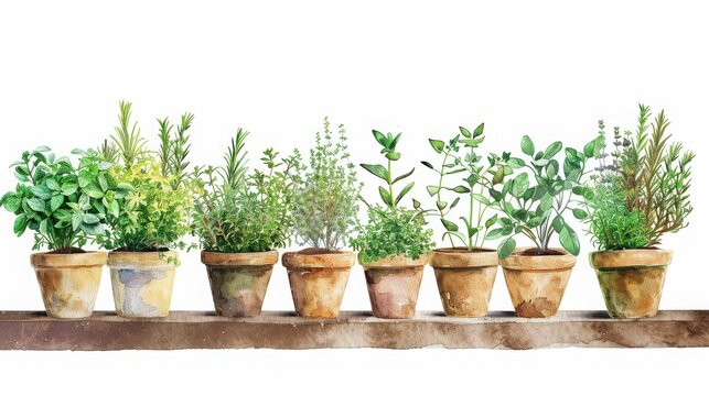 A row of various green potted plants in rustic terracotta pots on a wooden shelf, isolated on a white background.