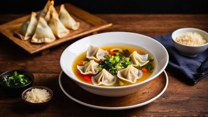 Minimalist Chic, Spicy Dumpling Broth with Accompanied Vegetables and Chopsticks