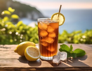 A tall glass of iced tea with a straw sits on a wooden table lemon wedges and mint leaves blurred background, Desk of free space and glass of ice tea with cold ice cubes, tea with lemon and mint