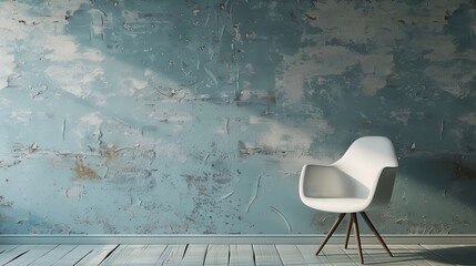 Modern minimalist white chair in an empty room with a rustic blue textured wall and wooden floor. Perfect for interior design concepts.